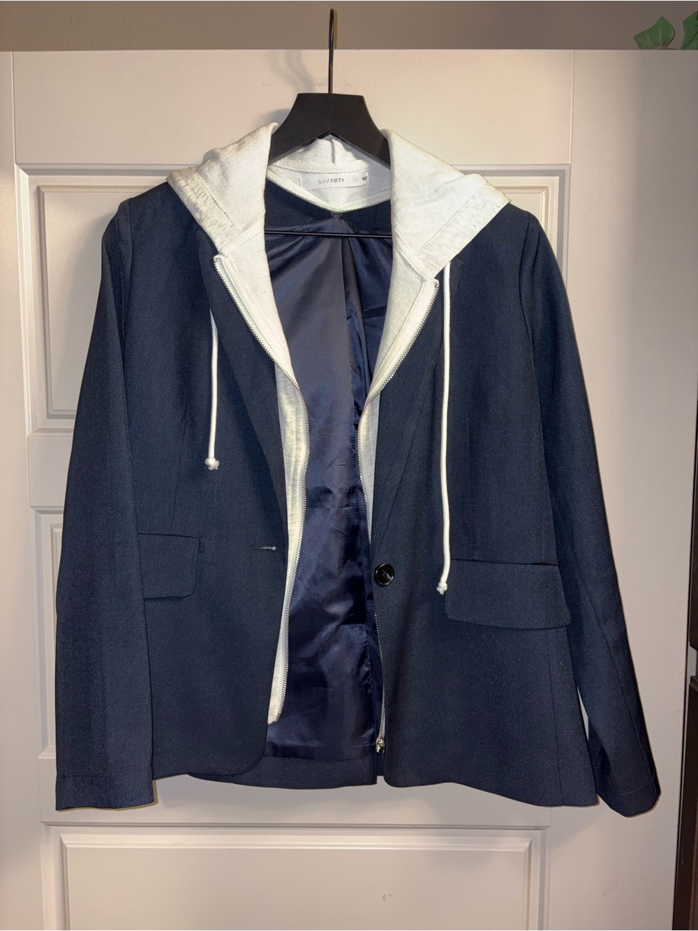Navy Blazer with Removable Light Gray Hoodie - Casual Tailored Jacket